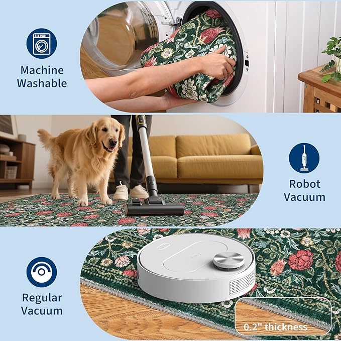 GarveeHome Green Vintage Floral Washable Rugs 5x7 for Living Room Boho Botanical Retro Rug Low Pile Stain Resistance Non Slip Carpet for Bedroom Nursery Dining Room