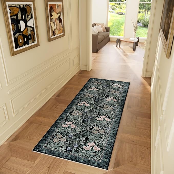 Washable Runners for Hallways Area Rugs 2x6 Black Green Vintage Floral Botanical Pattern Perfect for Soft Hallway Rug Carpet for Kitchen Bedroom Bathroom Laundry Room