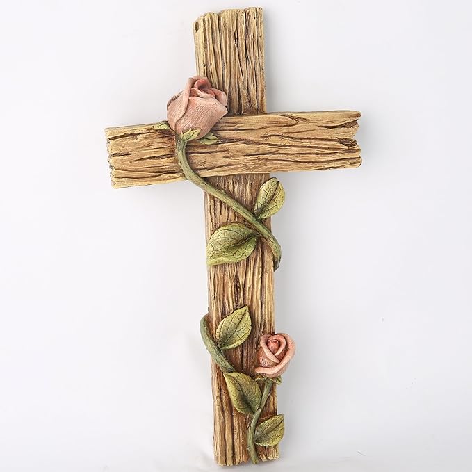 BC Home Decor 8.25" H Mystical Rose Cross for Wall, Wood Carve Looking Spring Rustic Catholic Home Decor, Mother's Day Religious Gift, Handpainted by Buildclassic