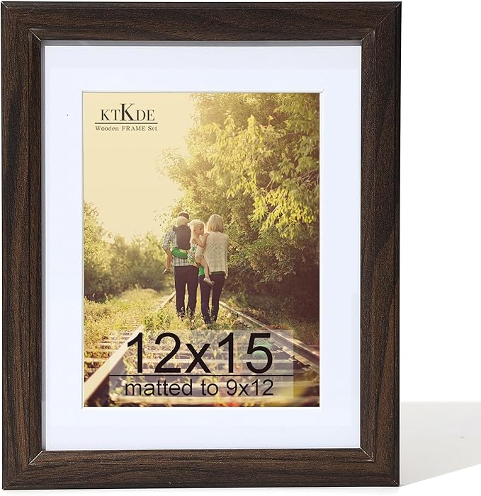 KTKDE 12x15 Picture Frame,Display Pictures 9 x12 with Mat or 12x15 Without, Tempered Glass,15 by 12 Walnut Wooden Frame Wall Gallery Poster Frame best gift