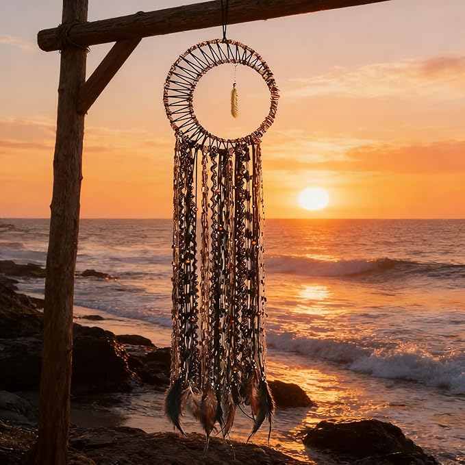 LOMOHOO Dream Catcher Gold Feather Pendant Handmade Traditional Dream Catchers Wall Hanging for Kids Bedroom Dorm Room Home Boho Decoration Bohemian Ornament Craft