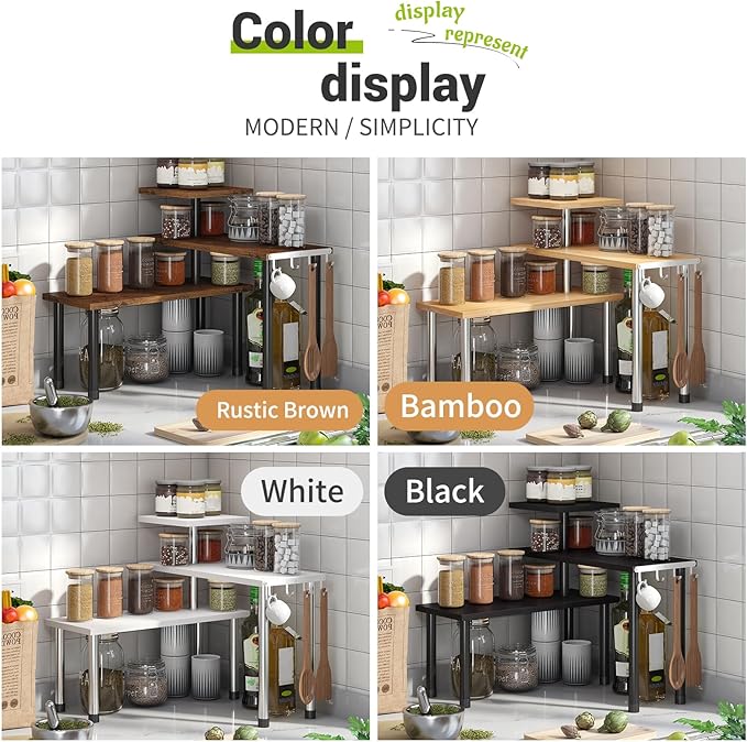 BMOSU Kitchen Corner Shelf Countertop Organizer with Hooks Adjustable Spice Rack Corner Display Rack Shelf Cabinet Counter Shelves(Rustic Brown)