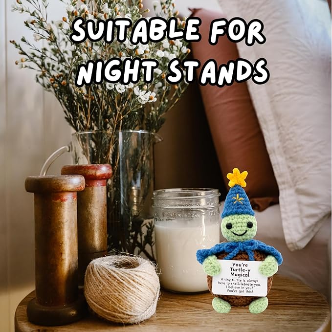 Handcrafted Crochet Witch Doll, Small 2.5x1.5x4 Inch Decorative Plush Figure, Yarn Material, Magical Theme, Inspirational Signs, for Ages 13+ (Turtle Wizard)