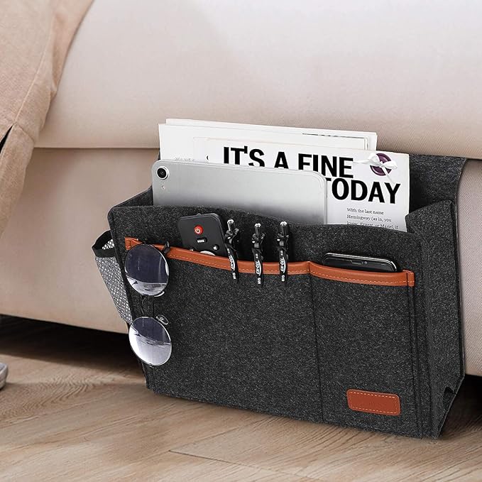 Bedside Caddy, Bed Storage Organizer for Remote Controller, Books, Magzine, Laptop Holder, 12.4'' x 8.6'' inch Bedside Hanging Felt Storage Bag for Dorm Bed with 5 Pockets, Dark Gray