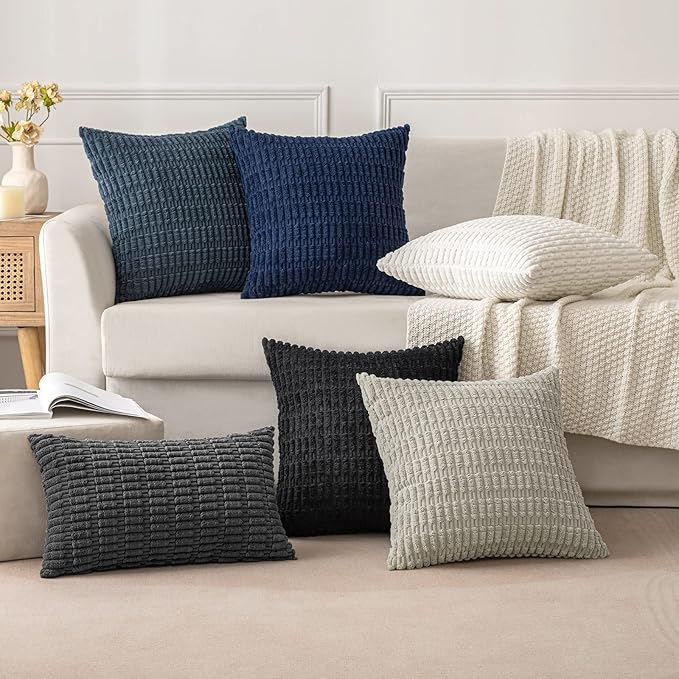 MIULEE Pack of 2 Corduroy Decorative Euro Sham Throw Pillow Covers 24x24 Inch Soft Boho Striped Pillow Covers Modern Farmhouse Home Decor for Summer Coastal Sofa Living Room Couch Bed Blue