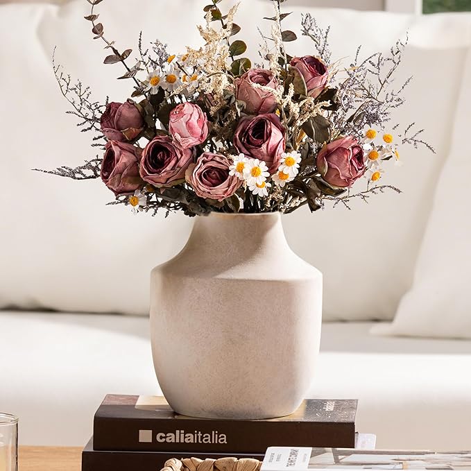 Mitt&Ditt Ceramic Flower Vase, 7.5 inch Off-White Farmhouse Rustic Vase, Handcrafted Weathered Pottery Vases, Small Flower Terracotta Vases for Home Decor, Living Room, Table, Shelf