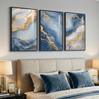 Large Framed Abstract Wall Art for Living Room, Modern Luxury 3 Piece Blue Gold White Prints Paintings for Walls, Elegant Marble Pattern Pictures for Dining Bedroom Hallway Office Home Decor 24x36 In