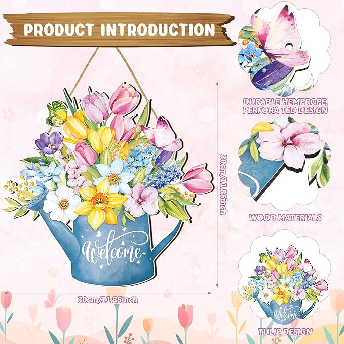 Juexica Spring Decorations for Home Spring Wreaths for Front Door Welcome Sign Flowers Door Hanger Decorations Rustic Flower Wall Decor Easter Party Outdoor Indoor Home Decor