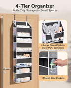 ULG 1 Pack Small Over Door Organizer with 4 Large Pockets 8 Mesh Side Pockets, Hanging Storage Organizer with Clear Window Kids Toys Deep Gray