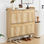 BERRYMERRY 31.5” Fluted Shoe Storage Cabinet for Entryway, 2 Flip Drawers Narrow Shoe Organizer Cabinet with Wave Profile for Hallway,Living Room
