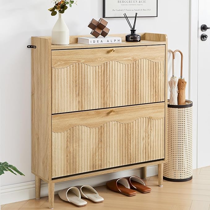 BERRYMERRY 31.5” Fluted Shoe Storage Cabinet for Entryway, 2 Flip Drawers Narrow Shoe Organizer Cabinet with Wave Profile for Hallway,Living Room