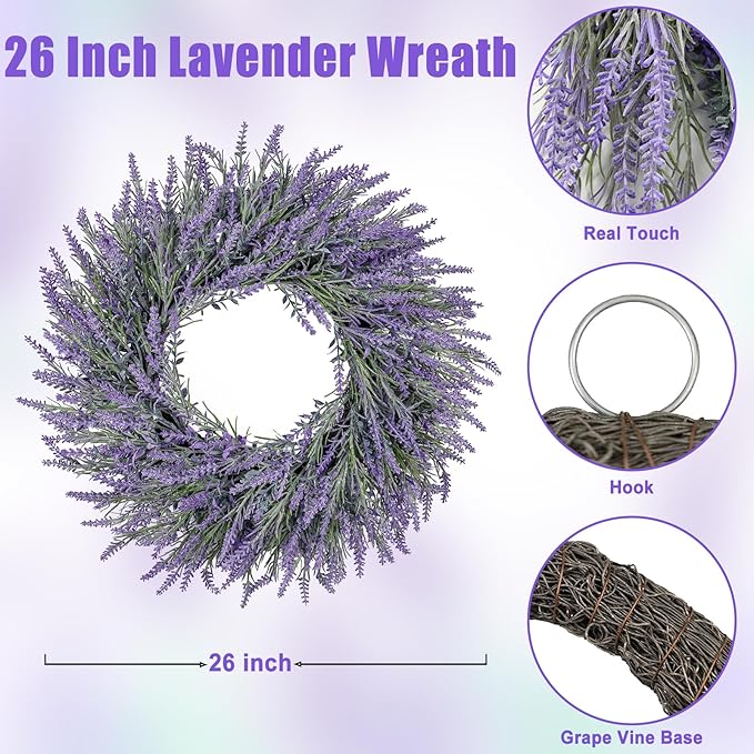26 Inch Large Lavender Wreaths for Front Door Outside Summer Spring Wreaths for Front Door Floral Wreath All Season for Wedding Farmhouse Porch Wall Room Home Decor