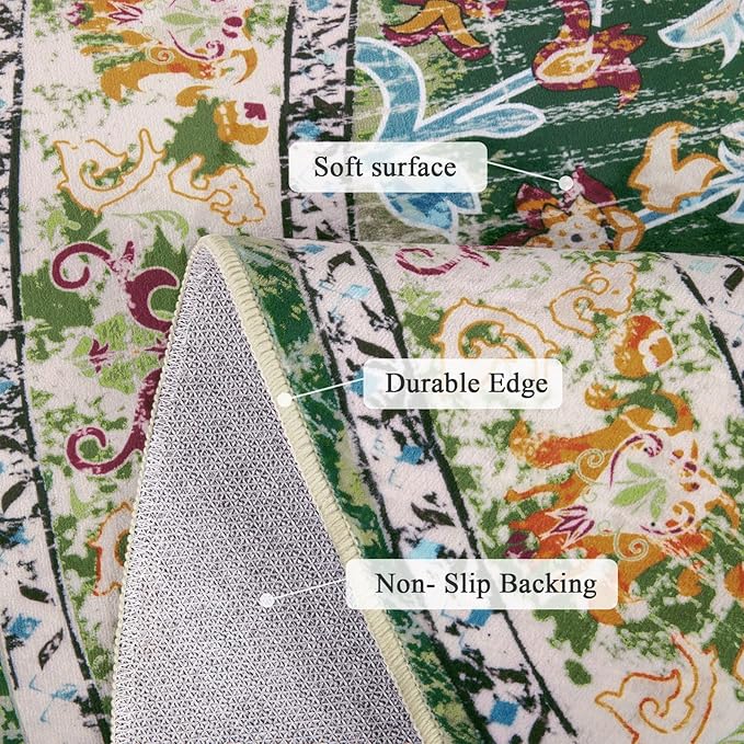 U'Artlines Boho Vintage Round Area Rug 6ft Machine Washable Low Pile Soft Floor Carpet Non Slip Non Shedding Accent Rug for Living Room Bedroom Entryway Dining Room Office Green