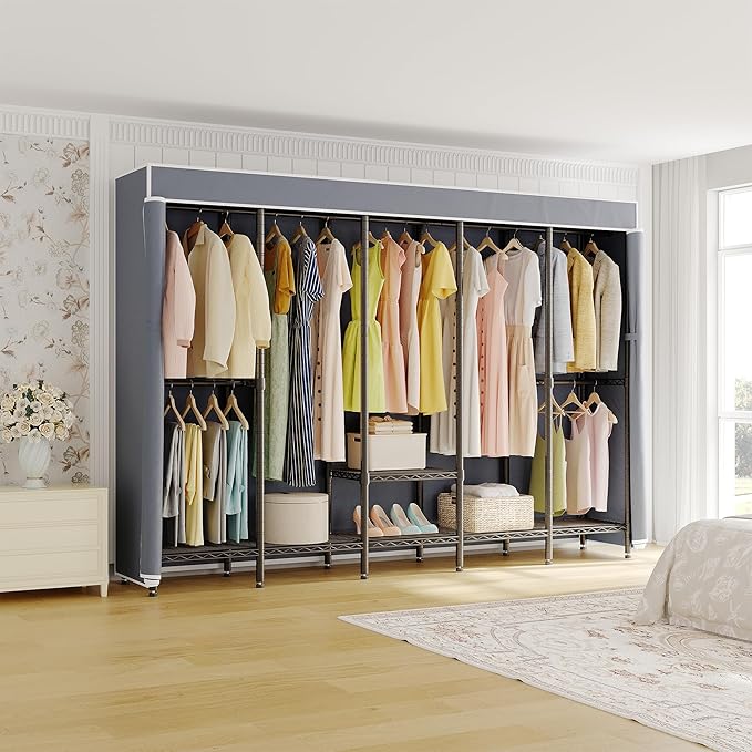 94.5"W Heavy Duty Garment Rack with Cover, H5C Large Clothes Rack with Adjustable Shelves and Hanging Rods Dustproof Closet for Storage and Organizer, Black Rack with Grey Cover, Load 1400 lbs