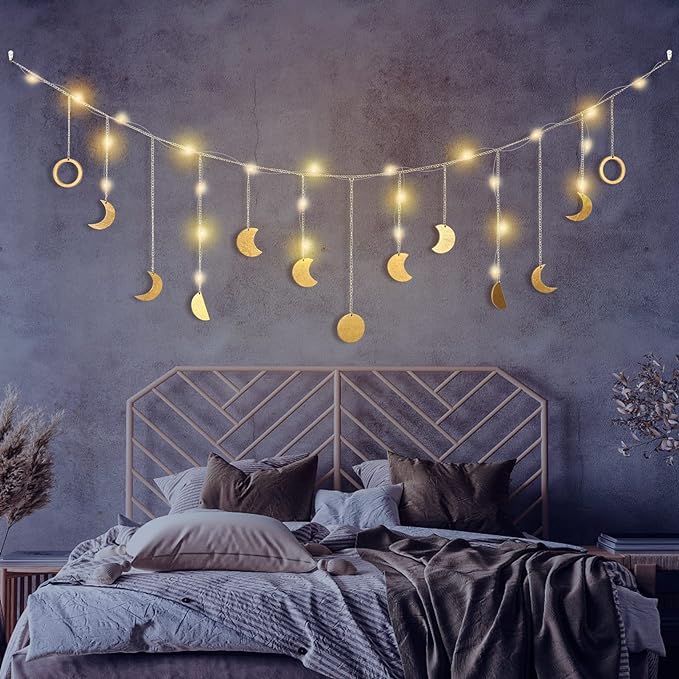 Moon Phase Wall Decor with LED String Light, 13 Gold Wood Boho Wall Hanging Decor Mood Garland 56'' - Celestial Phases Moon Decoration in Bohemian Style for Bedroom Living Room, Birthday Gifts
