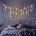 Moon Phase Wall Decor with LED String Light, 13 Gold Wood Boho Wall Hanging Decor Mood Garland 56'' - Celestial Phases Moon Decoration in Bohemian Style for Bedroom Living Room, Birthday Gifts