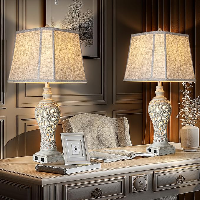 LuxSight Collection 32" Tall Table Lamps Set of 2 - Bedside Lamp with Fabric Shades - for Bedroom and Living Room with USB and Nightlight - Perfect for Nightstands and Bedrooms - Bulbs Included