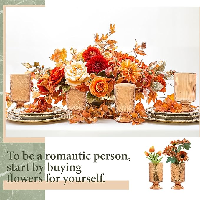 6 Pcs (H:7" W:4") Embossed Flower Vase Pedestal Glass Vase Big Base Thickened Crystal Vintage Vases for Valentines Day Wedding Home Decor Table Centerpiece House Warming Gifts(Amber)