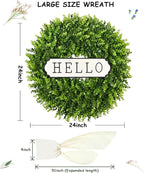 DDHS Large Boxwood Wreath Front Door 24'' Artificial Spring Wreaths for Front Door Farmhouse Wedding Green Year Round Indoor Outdoor for Summer Wreath st Patrick's Day Decoration -(Hello Sign)