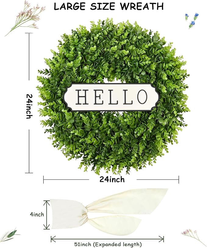 DDHS Large Boxwood Wreath Front Door 24'' Artificial Spring Wreaths for Front Door Farmhouse Wedding Green Year Round Indoor Outdoor for Summer Wreath st Patrick's Day Decoration -(Hello Sign)