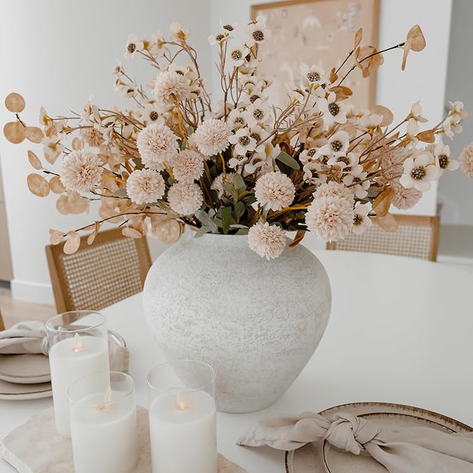 SilkSerenade Large White Round Vase for Flowers & Table Centerpieces - 11 Inch Rustic Textured Earthy Stone Look, Matte Big Vessel Decorative Arina Modern Farmhouse Wabi Sabi Decor Living Dining Room