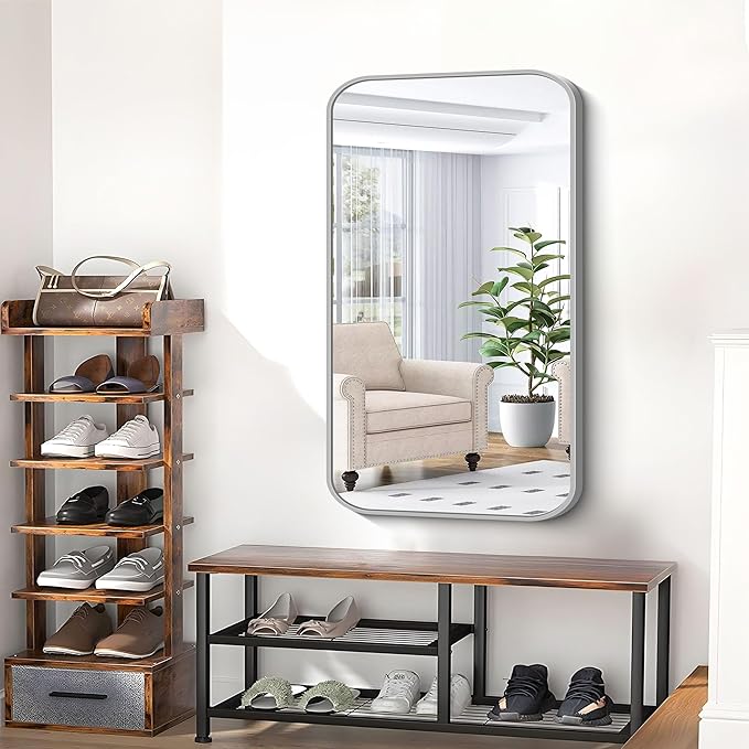 BONEWEI Silver Bathroom Mirror,24x40 inch Wall Mirror for Bathroom Wall Mounted,Rectangle Mirror for Bathroom Over Sink,Modern Frame Round Corner for Living Room,Bedroom Entryway,Horizontal/Vertical