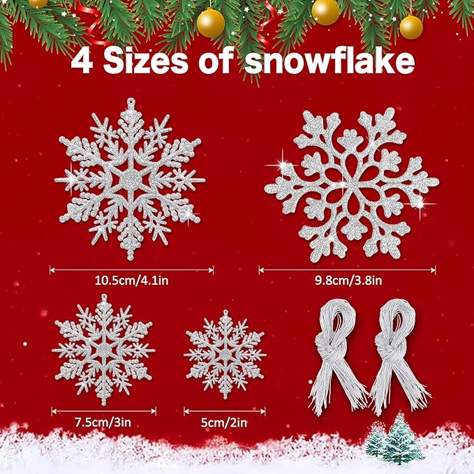 46Pcs Plastic Snowflake Ornament Christmas Glitter Snowflake Hanging Christmas Tree Decorations with Silver Rope for Winter Decorations Tree Window Door Accessories (Silver)