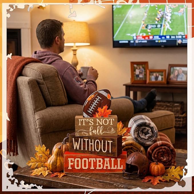 Yuntau 4 Pcs Football Fall Table Decorations Football Tiered Tray Decor Rustic Autumn Wooden Blocks Sign It's Not Fall Without Centerpiece Decorative Faux Book Sign for Room Coffee Table Mantel Shelf
