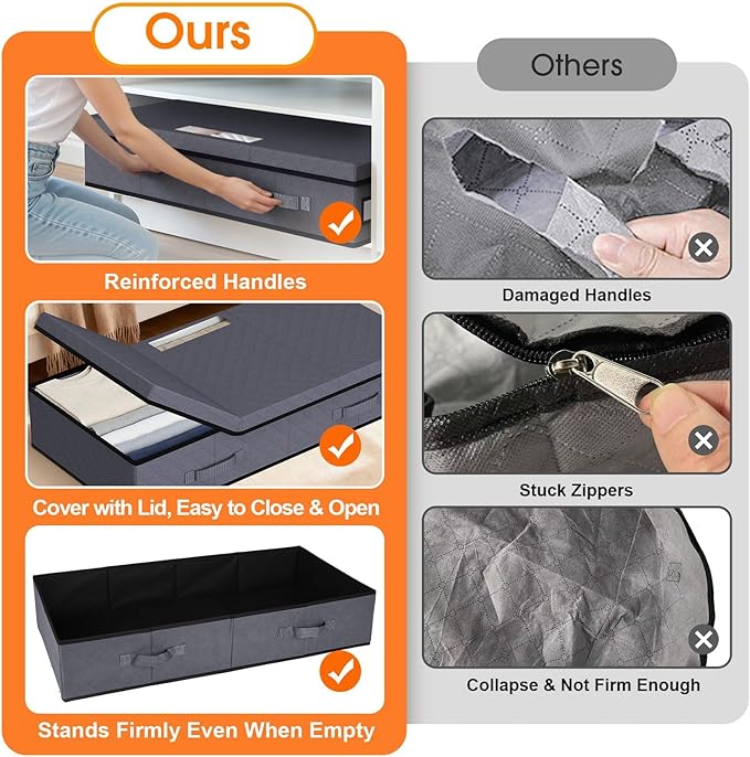 Under Bed Storage Containers with Lids - 3 Pack, Foldable and Stackable Clothes Storage Bags with Clear Window, 3-Sided Handles and Label Slot for Clothing, Blankets, Pillows (Grey)