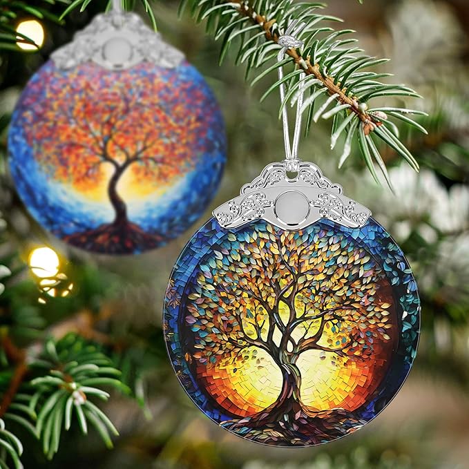 Christmas Ornaments - Stained Glass Christmas Decor - Tree of Life Ornaments for Christmas Tree - Christmas Tree Ornament - Gifts for Family, Friends, Couple - Xmas Gift Ideas - Unique Gift