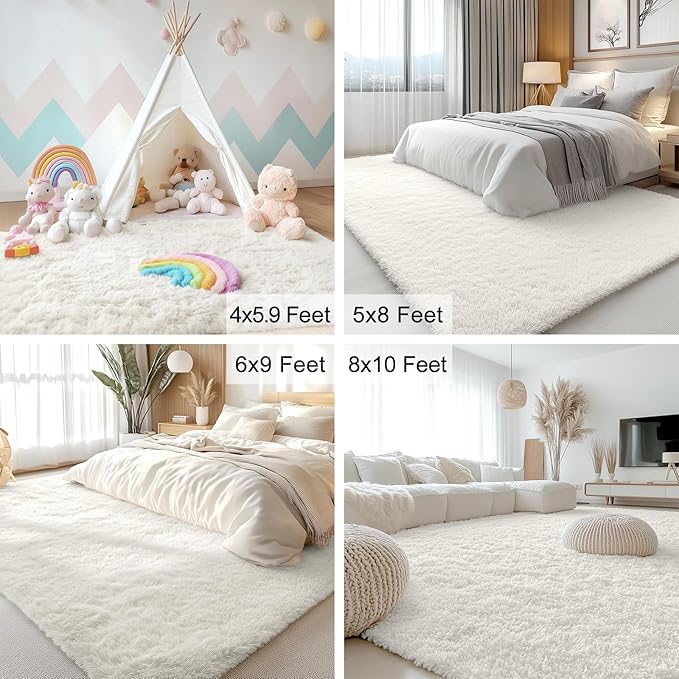 OLANLY 6x9 Machine Washable Large Area Rugs for Living Room, Bedroom, Soft Fluffy Shaggy Bedside Rug, Indoor Floor Carpet for Kids Girls and Boys, Dorms, Nursery, Home Decor Aesthetic, Ivory