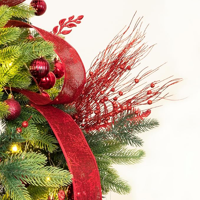 SLK 16-Pack Artificial Glitter Berry Stem Ornaments, Christmas Decorative Glittery Twigs, Picks, Branches for Tree, Wreath, Small Vase, Party (Red)