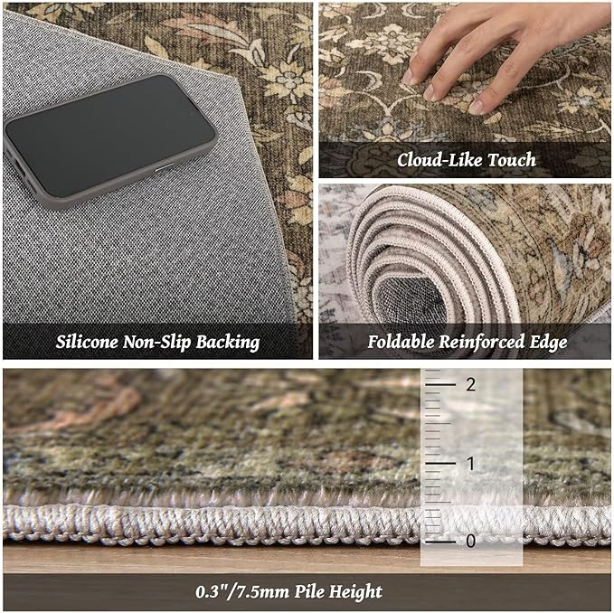 Washable 9x12 Area Rugs for Living Room, Boho Non-Slip Vintage Distress Lager Rugs for Bedroom Dining Room Nursery Office, 0.3" Neutral Oriental Throw Thin Carpet, Tan/Flaxen/Multi