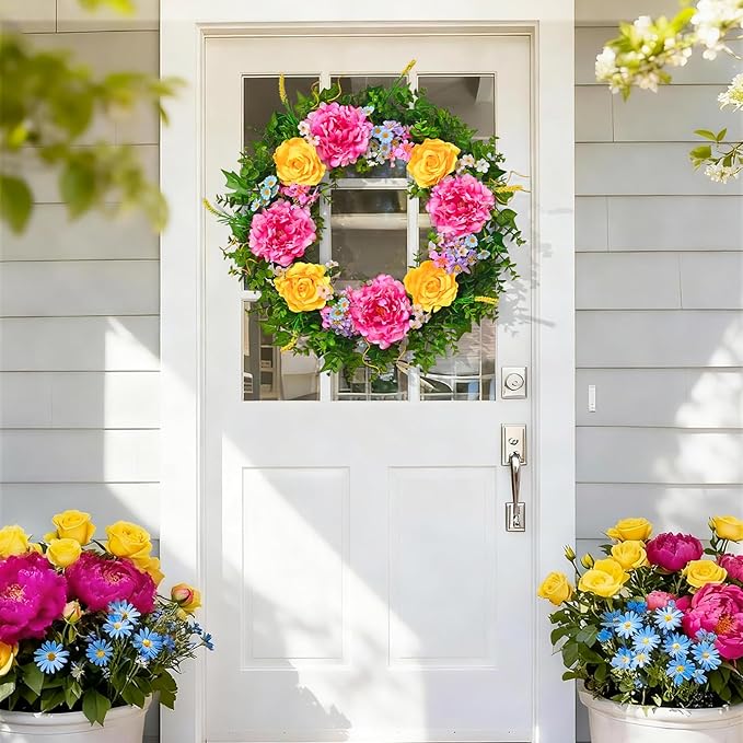 Livole 24 Inch Summer Spring Wreaths for Front Door Large Summer Door Wreath with Peony Rose Daisy for Indoor Outdoor Home Wall Farmhouse Patio Porch Window Decor