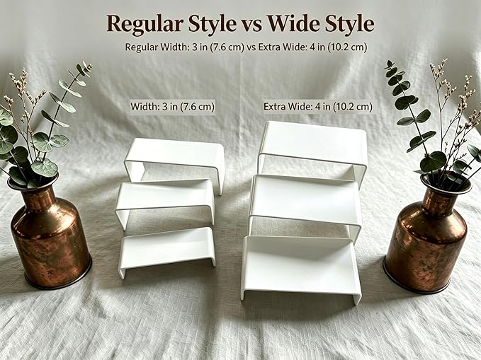 Wider Version White Acrylic Display Risers 2 Sets 6 Pcs 4 Inch Wide Rectangular Shelves for Tabletop Display 3 Sizes for Jewelry Cupcake Funko Pop Figures Retail Showcase Decor