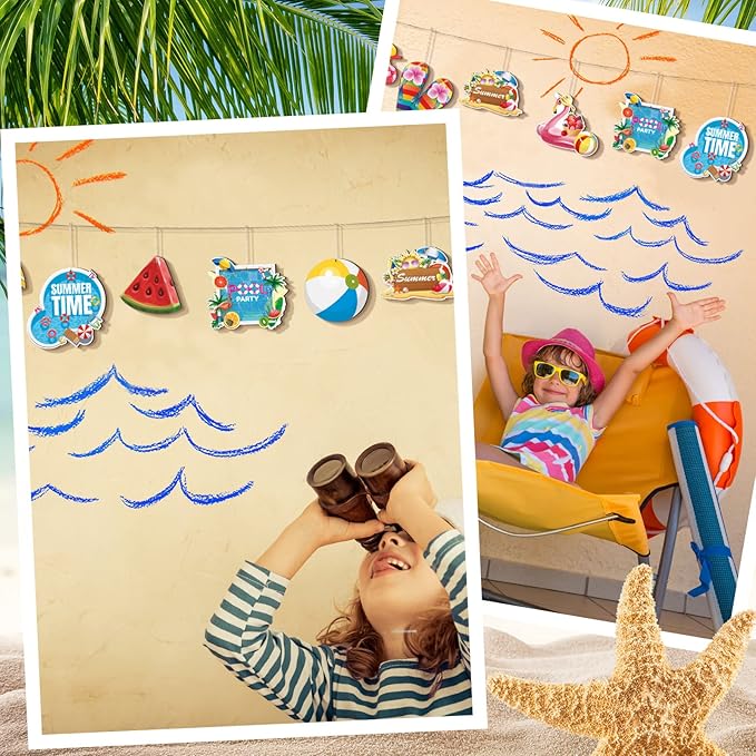 Sintuff 36 Pieces Summer Tree Ornaments Beach Wooden Hanging Ornaments Summer Tree Decorations Hawaiian Pendant Watermelon Flamingo Decorations for Luau Seaside Party Supplies