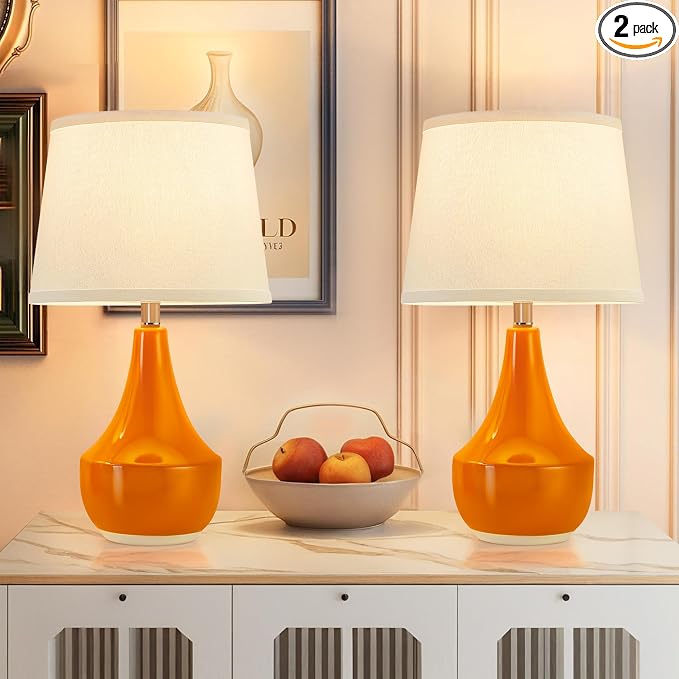 GyroVu 18" Table Lamp Set of 2, Ceramic Lamp Classic Beside Lamps Nightstand Lamp Modern Table Lamp for Living Room, Bedroom & Office Rocker Switch Orange-LED Bulbs Included
