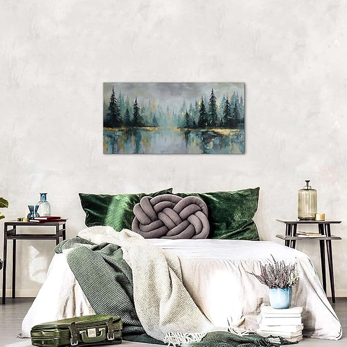 Green Forest Wall Art Vintage Fog Pine Trees Landscape Wall Decor Nature Green and Gold Forest Lake Scenery Canvas Prints Pictures Farmhouse Artwork for Kitchen Living Room Home Decorations 20x40"