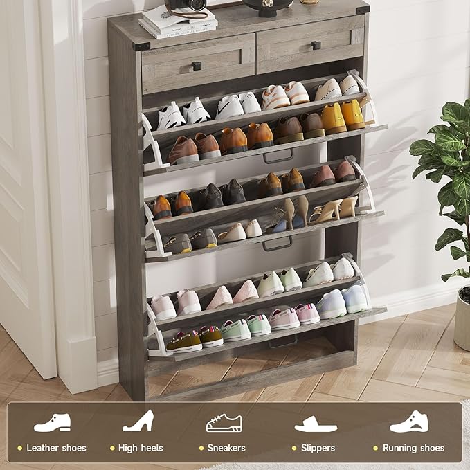 Shoe Cabinet with 3 Flip Drawers & 2 Drawers,Freestanding Shoe Storage Cabinet for Entryway,Farmhouse Narrow Slim Organizer Rack for Foyer,Hallway,Grey
