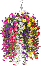 Artificial Flowers with Hanging Basket, Outdoor Faux Plants Silk Morning Glory Vines, Fake Petunias for Garden Patio Spring Summer Decor, Mixed Color