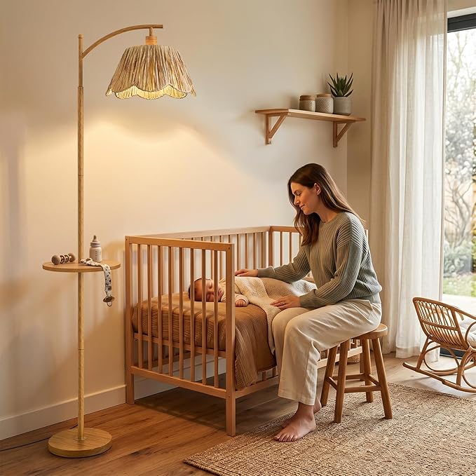 Oneach 63.5" Floor Lamp with Table for Living Room, Boho Rattan Standing Lamps with Foot Switch, Farmhouse Floor Lamp for Bedroom, Arc Tall Lamp with Metal Base&Pole, Bulb not Included, Woodgrain