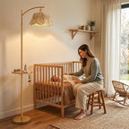 Oneach 63.5" Floor Lamp with Table for Living Room, Boho Rattan Standing Lamps with Foot Switch, Farmhouse Floor Lamp for Bedroom, Arc Tall Lamp with Metal Base&Pole, Bulb not Included, Woodgrain
