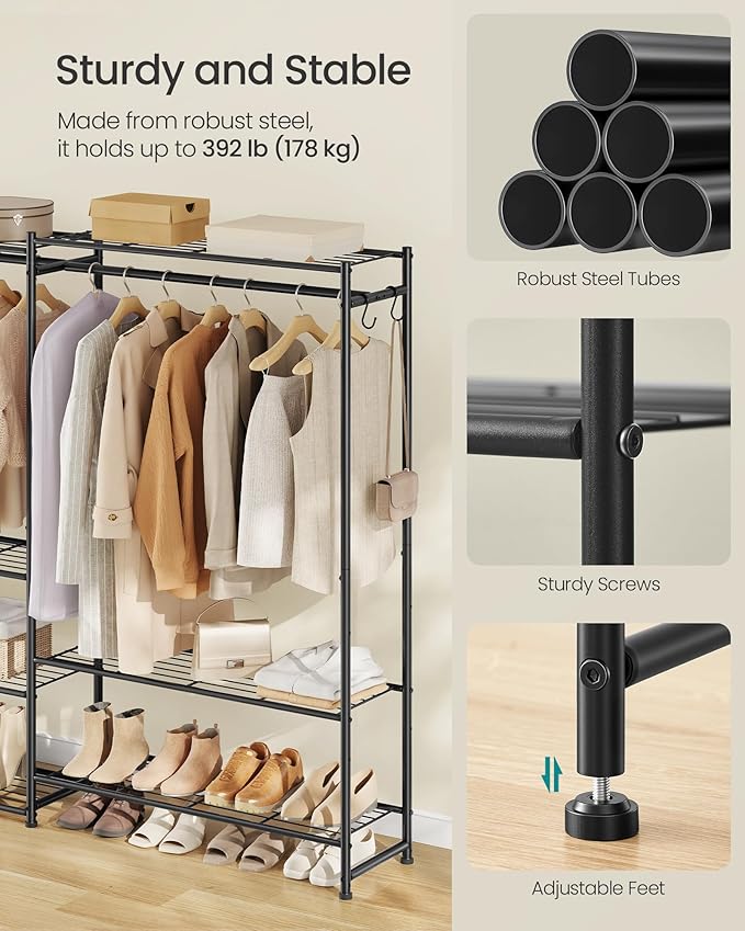 SONGMICS Portable Closet Wardrobe, Heavy-Duty Clothes Rack, Freestanding Clothing Rack with 10 Shelves, 3 Hanging Rods, 4 S‑Hooks, Metal Frame, for Bedroom, Entryway, Living Room, Black ULGR011BZ03S