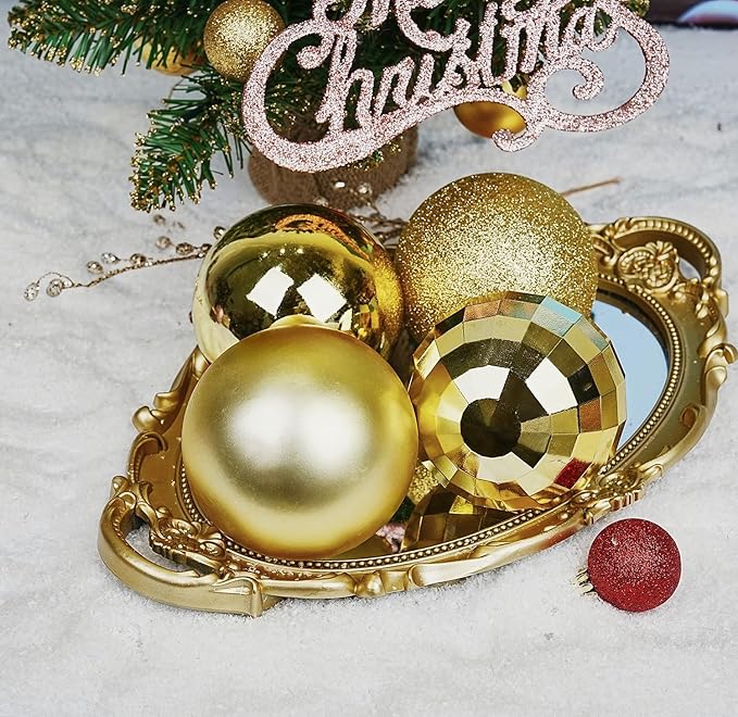 Emopeak 4Pcs Christmas Balls Ornaments for Xmas Christmas Tree - 4 Style Shatterproof Christmas Tree Decorations Hanging Ball for Holiday Wedding Party Decoration (Gold, 4"/10CM)