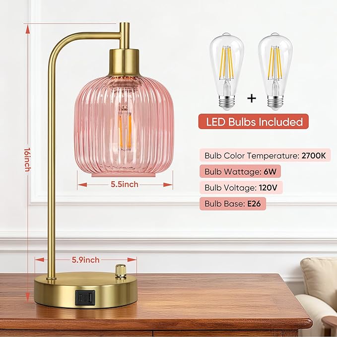QiMH Industrial Table Lamp for Bedroom Set of 2, Pink Glass Beside Lamp with USB A&C Ports, Stepless Dimmable Gold Lamps, Nightstand Lamps for Living Room, Office, Home Decor(Bulb Included)