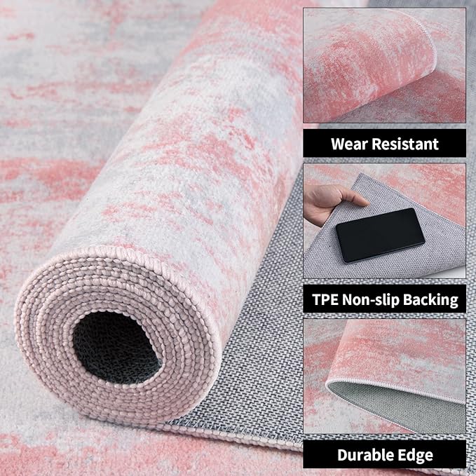 Ciicool Modern Abstract Area Rug, 2x3 Pink Grey Washable Small Entryway Rug, Low Pile Soft Non-Slip Kitchen Rug Thin Throw Rugs Room Mat Foldable Bathroom Rugs Non-Shedding Floor Carpet Indoor