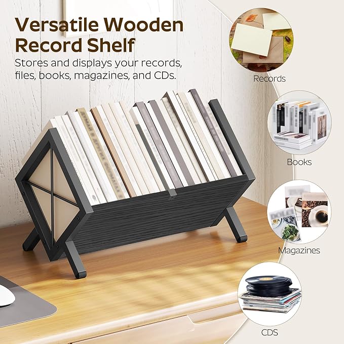 YATINEY Vinyl Record Holder, Record Storage Rack Holds 80-100 LP，Wooden and Metal Record Organizer, Quick Assembly Magazine Holder Vinyl Record Display Stand for CDs, Magazine, Albums, Black CJ06BB