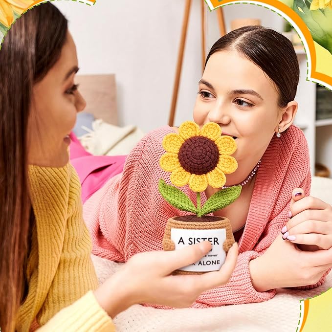 Wavwavw Sister Gifts Handmade Crochet Doll with Card Crochet Present for Sisters Sis Big Little Sister Birthday Wedding Home Decor(Helianthus)