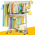 100% Stainless Steel Heavy Duty Clothes Rack Load 860 LBS, 2-Tier Rolling Garment Rack with Wheels, Adjustable Double Rod Clothing Rack for Hanging Clothes, Commercial Closet Rack for Coat Storage