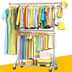 100% Stainless Steel Heavy Duty Clothes Rack Load 860 LBS, 2-Tier Rolling Garment Rack with Wheels, Adjustable Double Rod Clothing Rack for Hanging Clothes, Commercial Closet Rack for Coat Storage